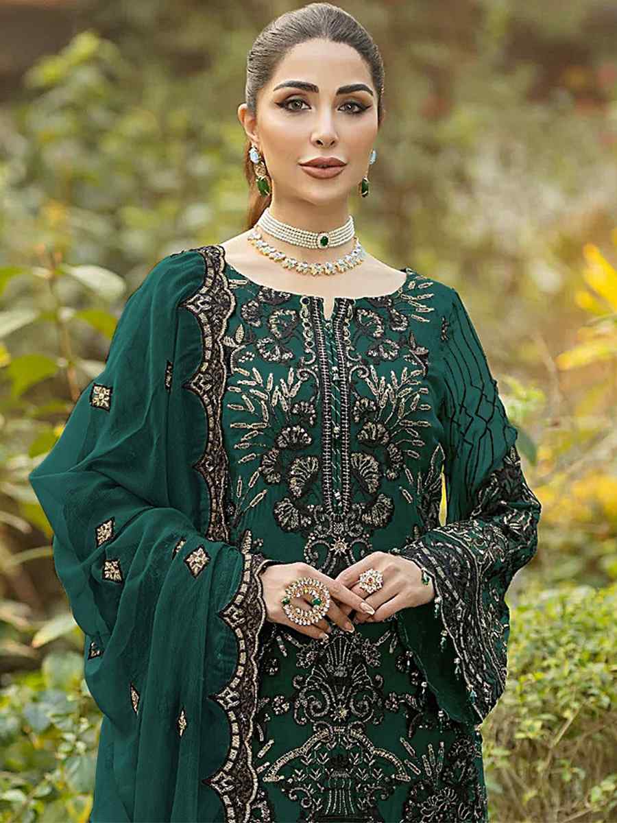 Green Heavy Faux Georgette Embroidered Festival Party Palazzo Pant Salwar Kameez