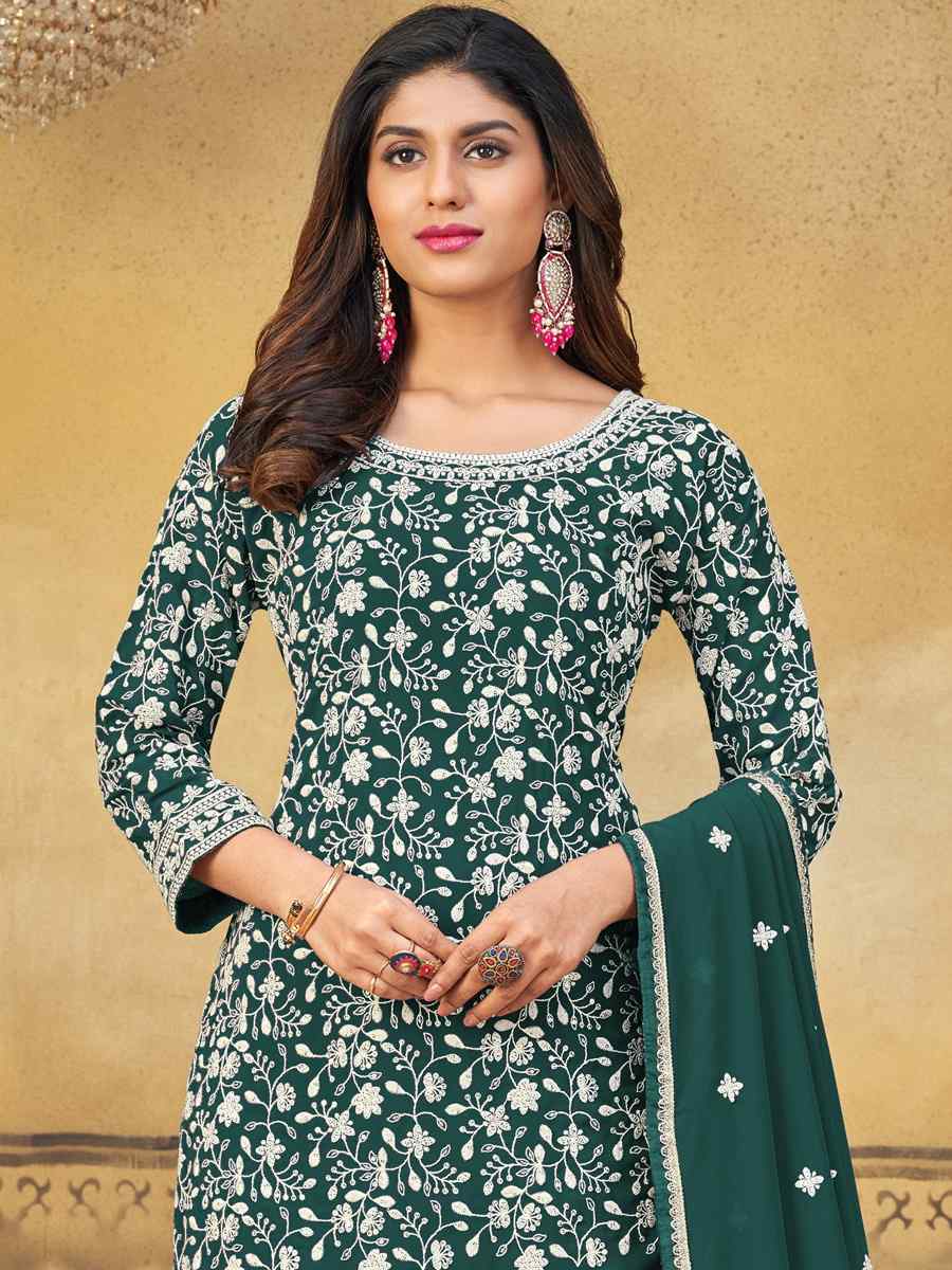 Green Heavy Faux Georgette Embroidered Festival Party Palazzo Pant Salwar Kameez