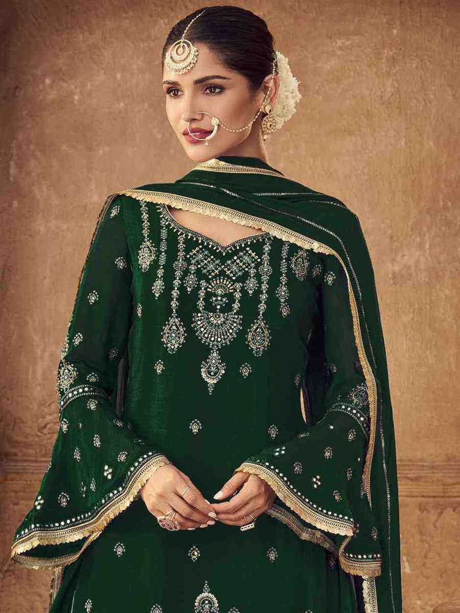 Green Heavy Faux Georgette Embroidered Festival Party Palazzo Pant Salwar Kameez