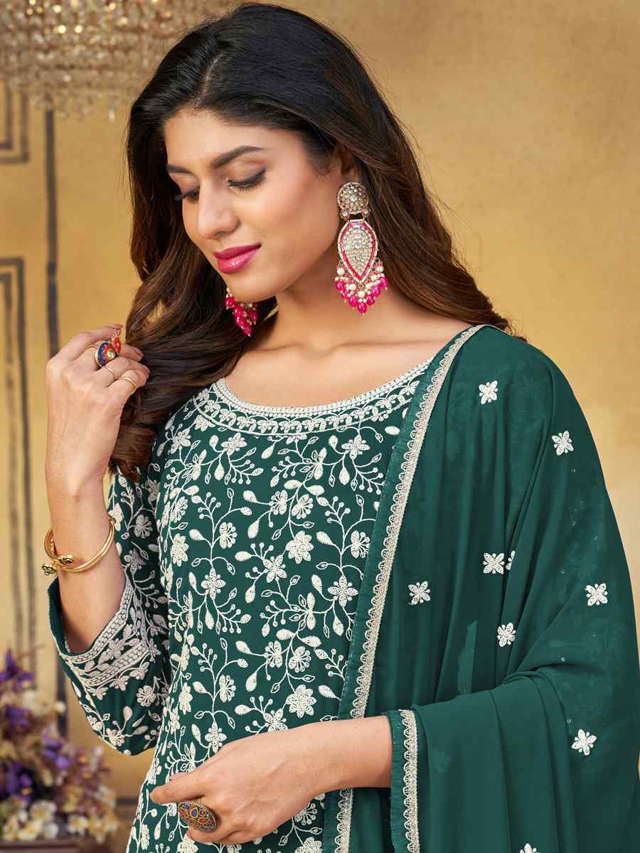 Green Heavy Faux Georgette Embroidered Festival Party Palazzo Pant Salwar Kameez