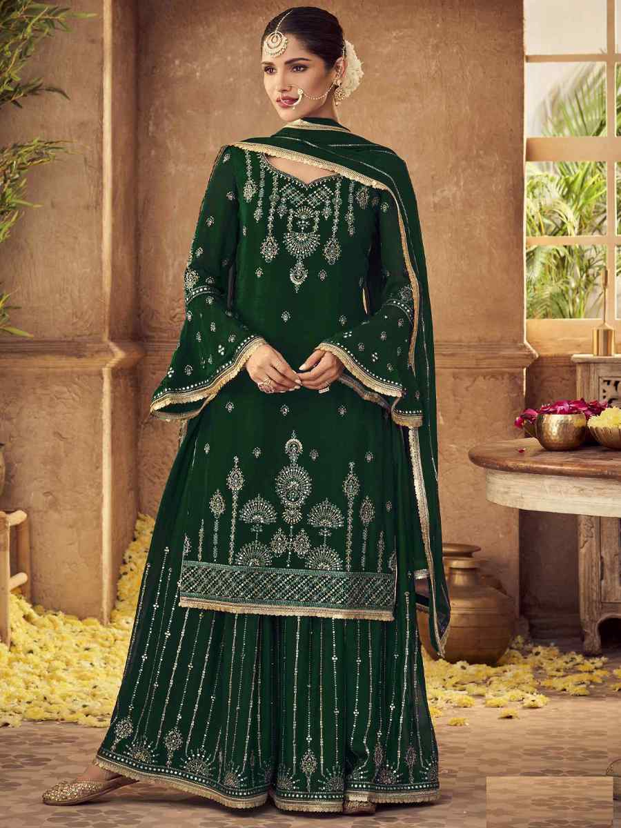 Green Heavy Faux Georgette Embroidered Festival Party Palazzo Pant Salwar Kameez