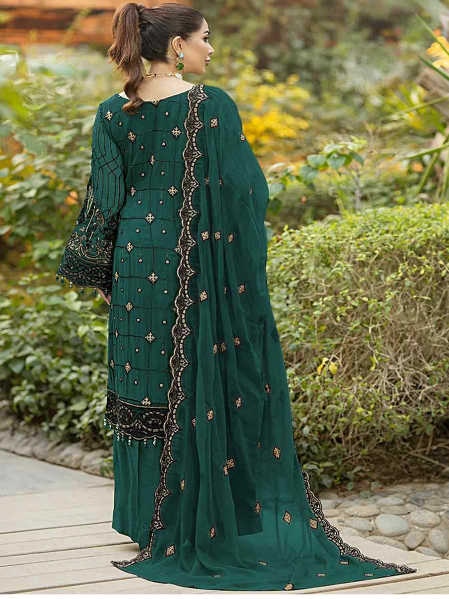 Green Heavy Faux Georgette Embroidered Festival Party Palazzo Pant Salwar Kameez
