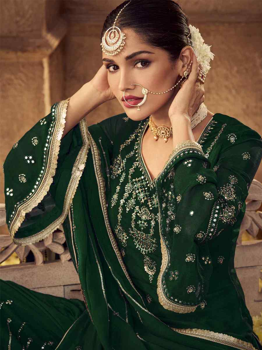 Green Heavy Faux Georgette Embroidered Festival Party Palazzo Pant Salwar Kameez