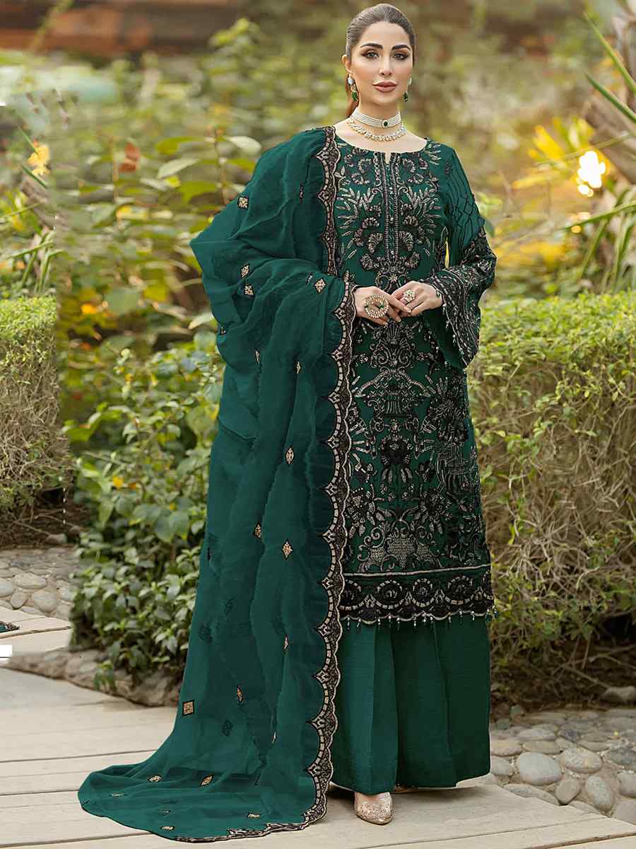 Green Heavy Faux Georgette Embroidered Festival Party Palazzo Pant Salwar Kameez