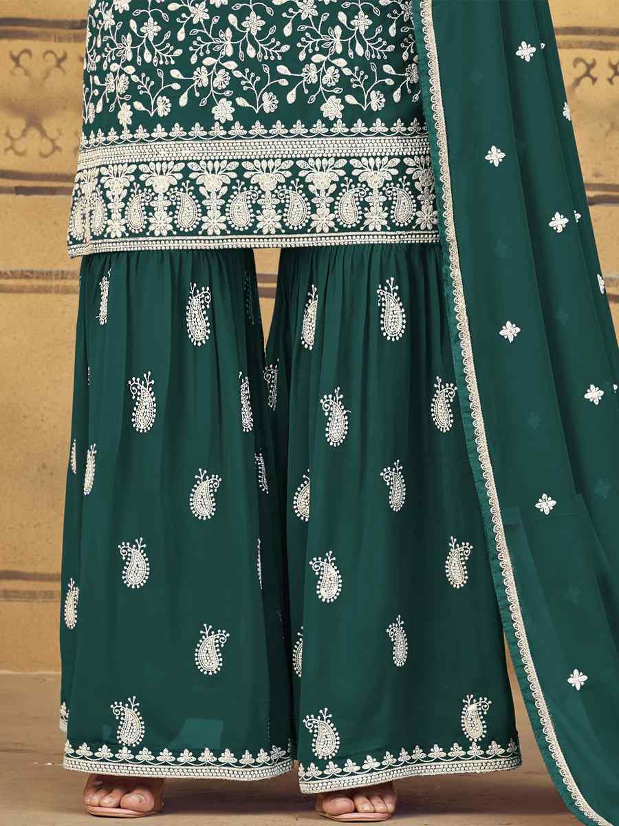Green Heavy Faux Georgette Embroidered Festival Party Palazzo Pant Salwar Kameez