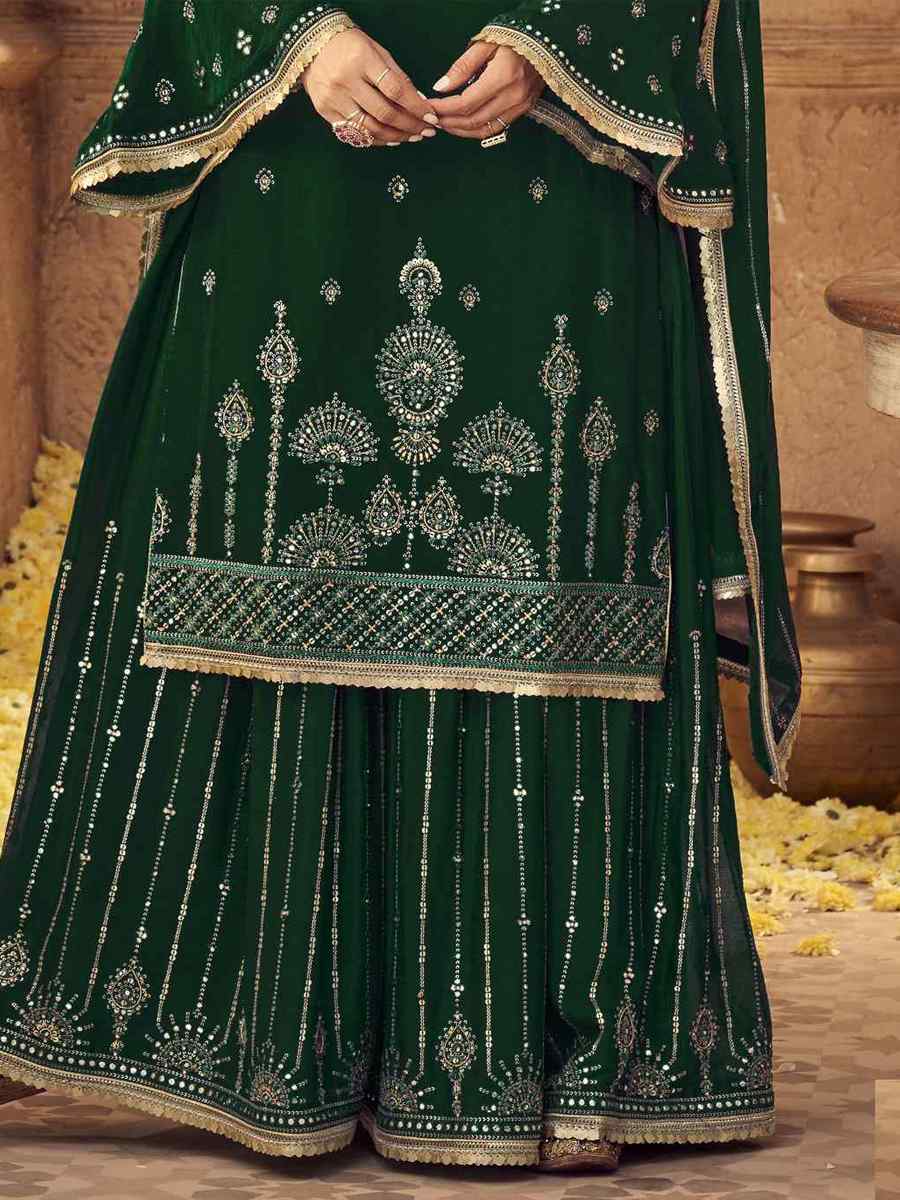 Green Heavy Faux Georgette Embroidered Festival Party Palazzo Pant Salwar Kameez