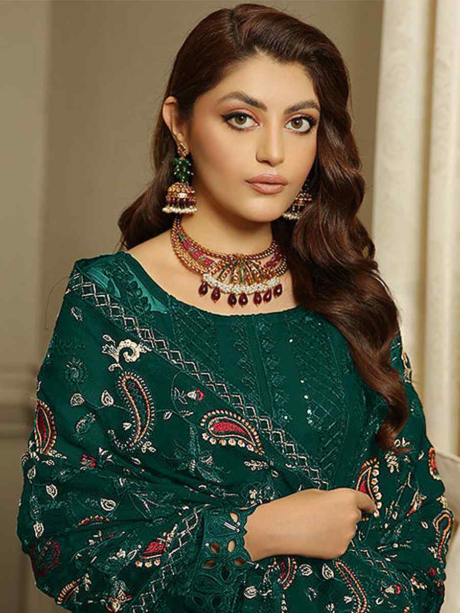 Green Heavy Faux Georgette Embroidered Festival Party Pant Salwar Kameez