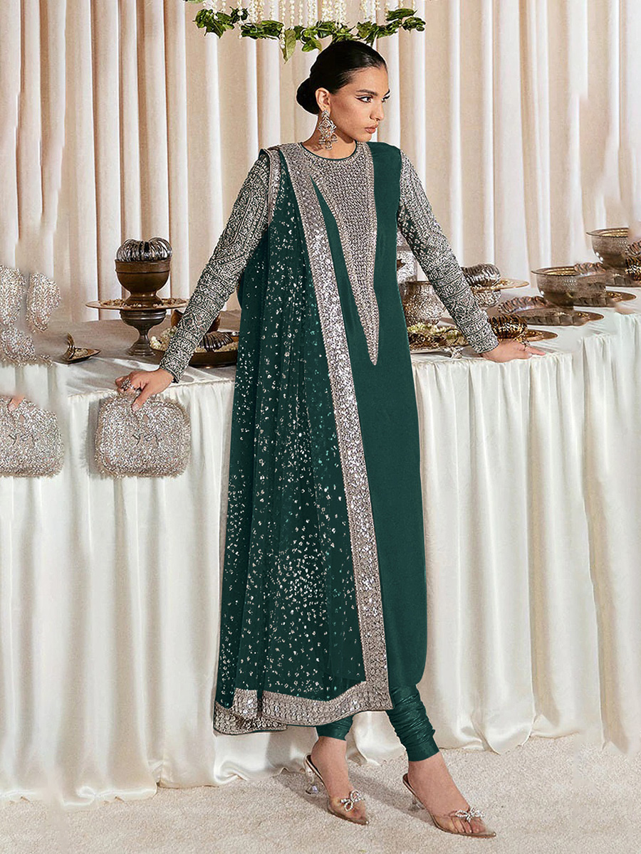 Green Heavy Faux Georgette Embroidered Festival Party Pant Salwar Kameez