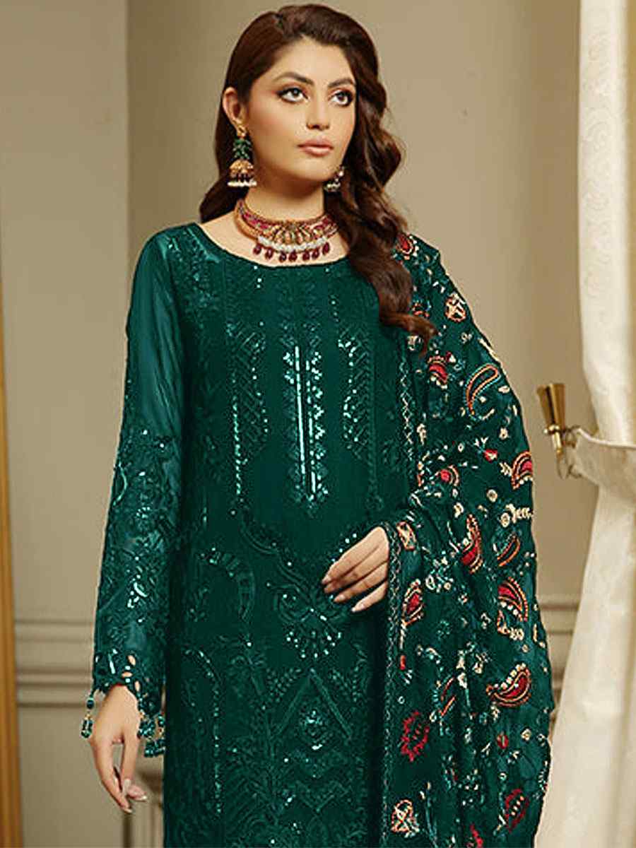 Green Heavy Faux Georgette Embroidered Festival Party Pant Salwar Kameez