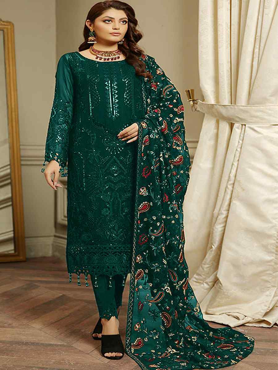 Green Heavy Faux Georgette Embroidered Festival Party Pant Salwar Kameez