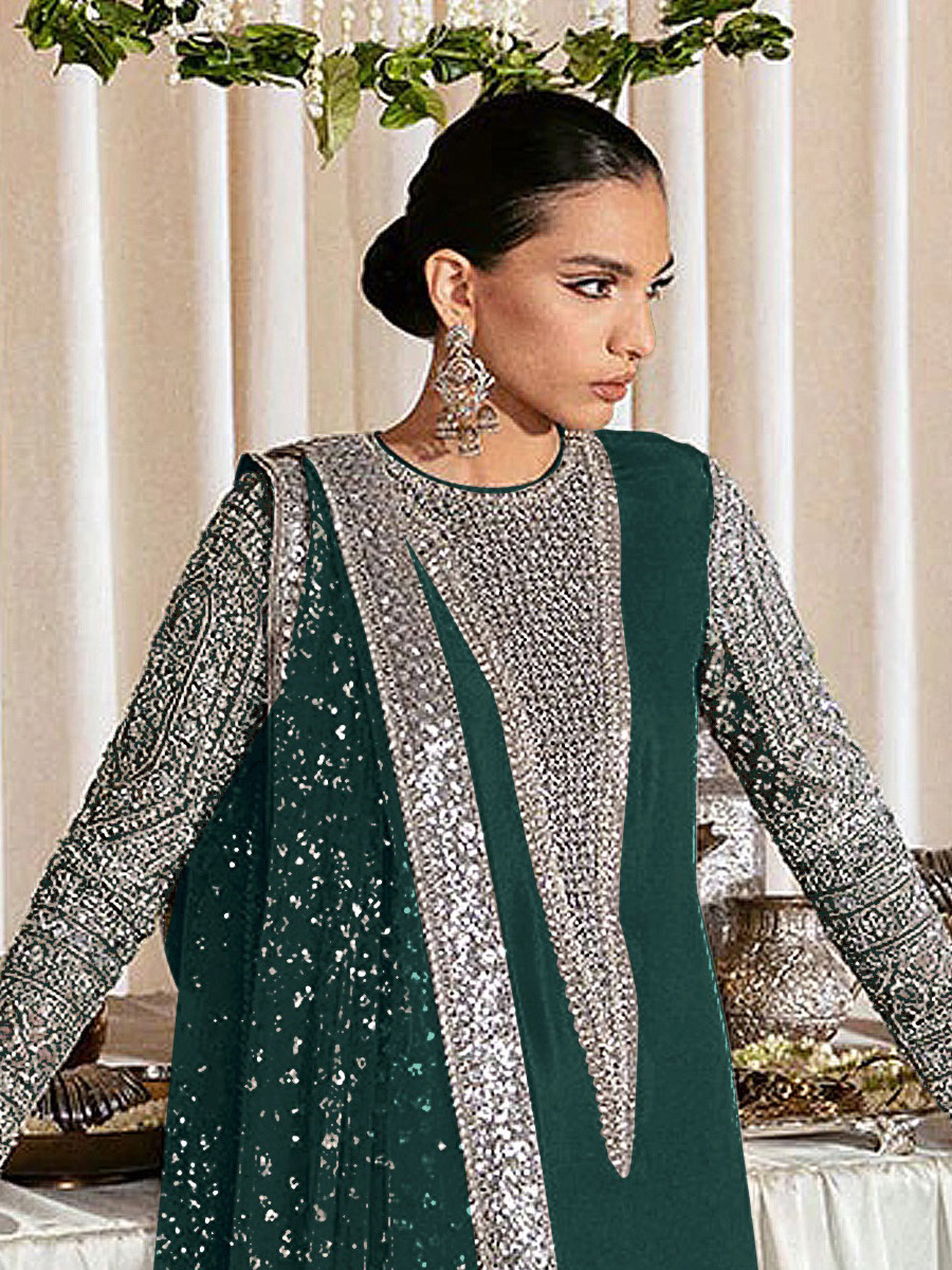 Green Heavy Faux Georgette Embroidered Festival Party Pant Salwar Kameez