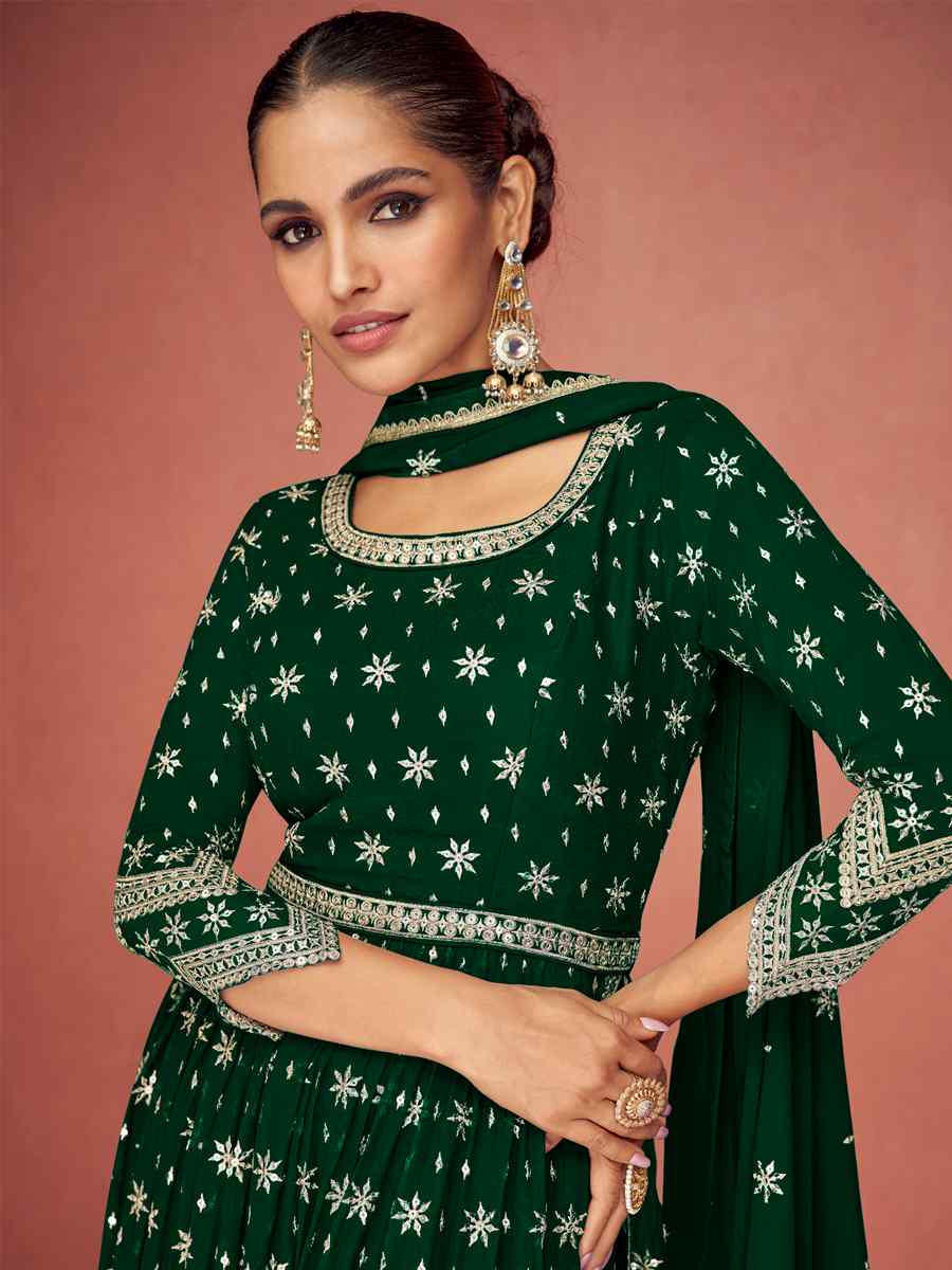 Green Heavy Faux Georgette Embroidered Festival Wedding Anarkali Salwar Kameez