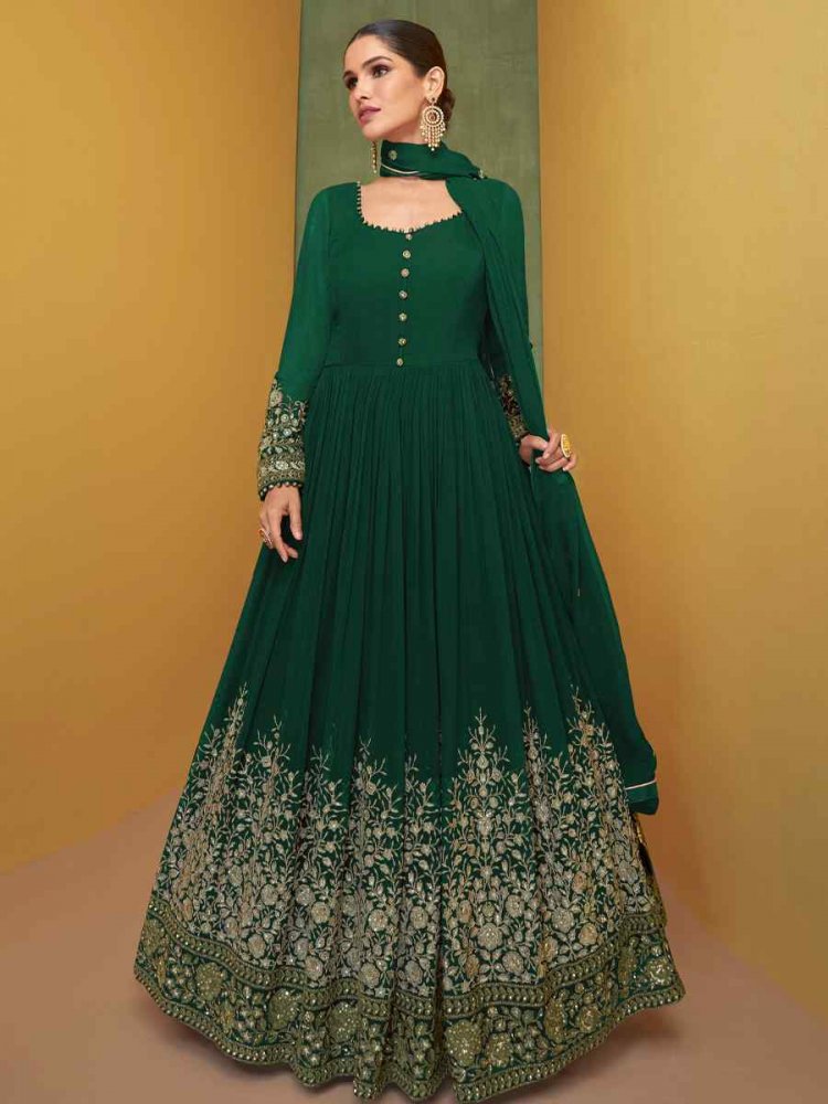 Green Heavy Faux Georgette Embroidered Festival Wedding Anarkali Salwar Kameez