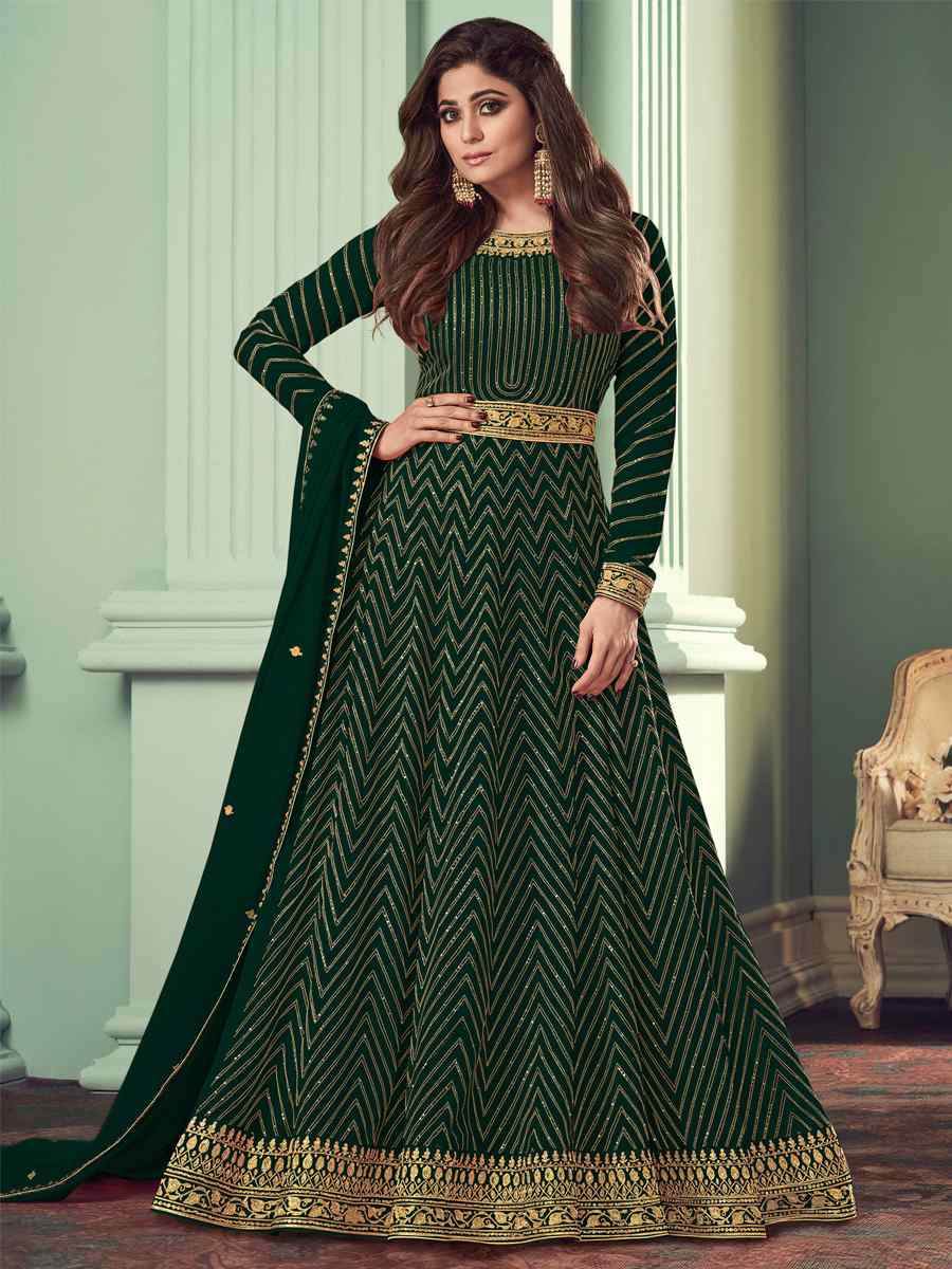 Green Heavy Faux Georgette Embroidered Festival Wedding Bollywood Style Anarkali Salwar Kameez