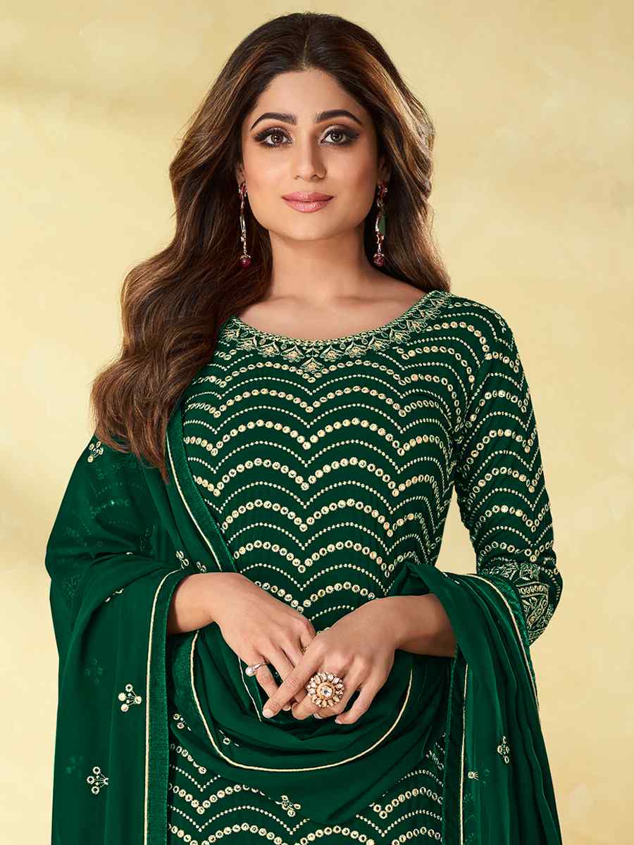 Green Heavy Faux Georgette Embroidered Festival Wedding Bollywood Style Palazzo Pant Salwar Kameez