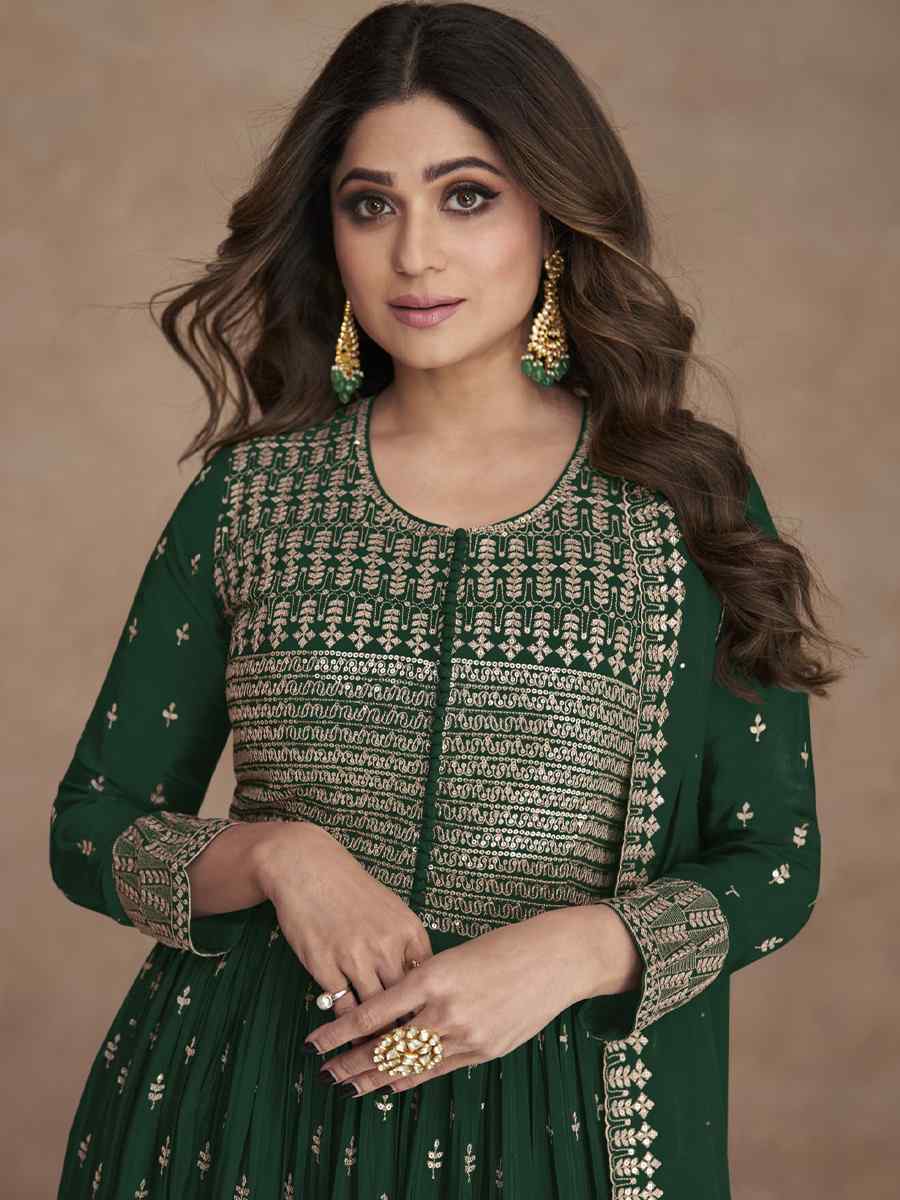 Green Heavy Faux Georgette Embroidered Festival Wedding Palazzo Pant Bollywood Style Salwar Kameez