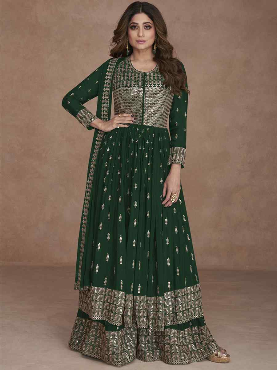 Green Heavy Faux Georgette Embroidered Festival Wedding Palazzo Pant Bollywood Style Salwar Kameez