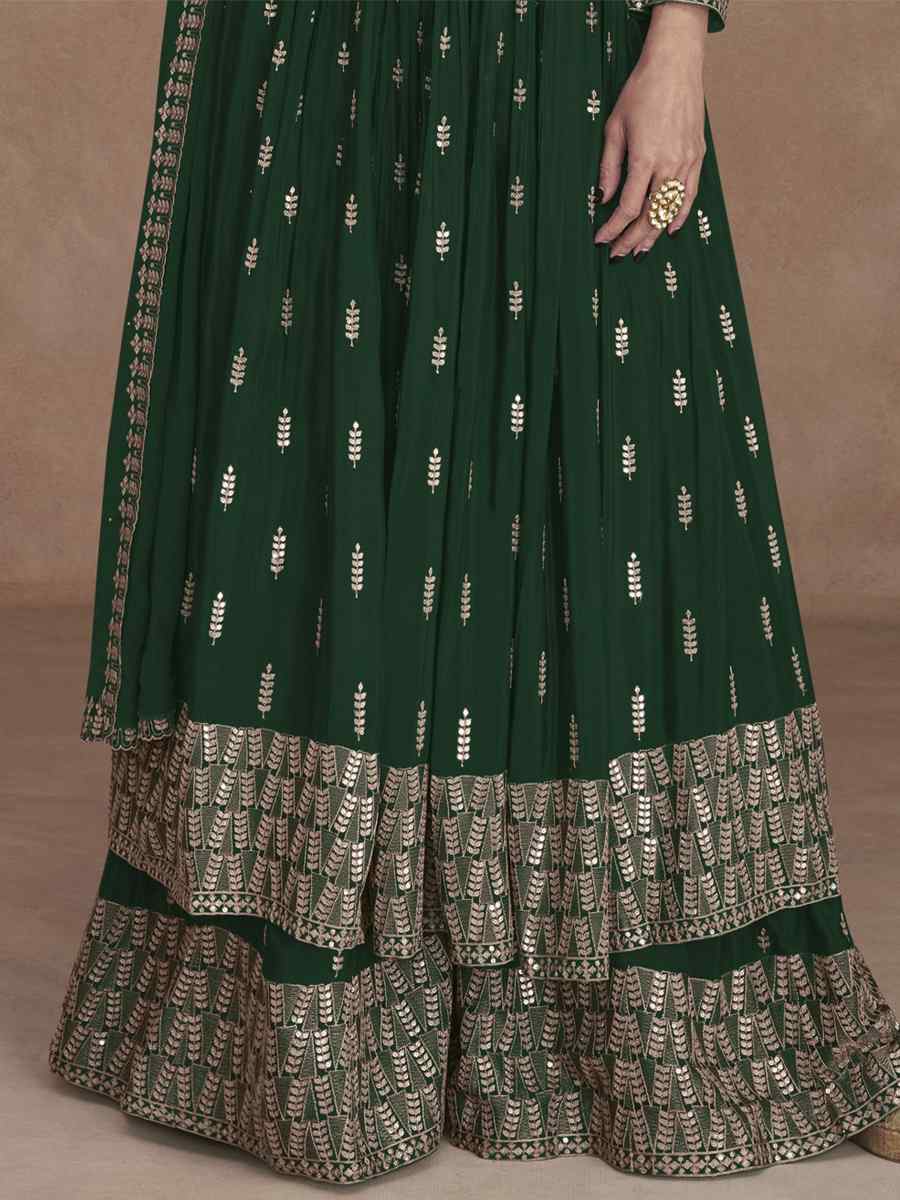 Green Heavy Faux Georgette Embroidered Festival Wedding Palazzo Pant Bollywood Style Salwar Kameez