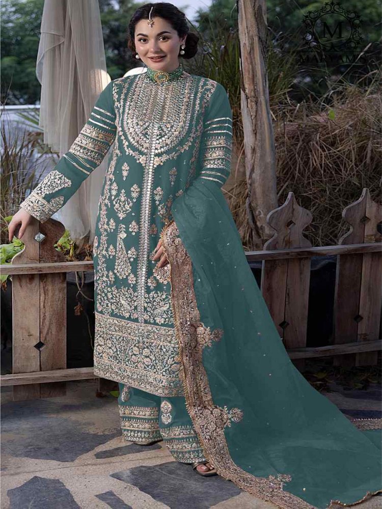 Green Heavy Faux Georgette Embroidered Festival Wedding Palazzo Pant Salwar Kameez