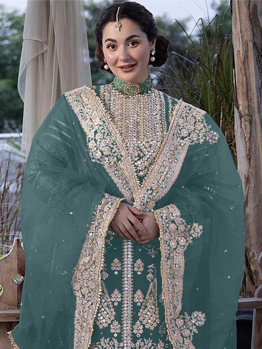 Green Heavy Faux Georgette Embroidered Festival Wedding Palazzo Pant Salwar Kameez