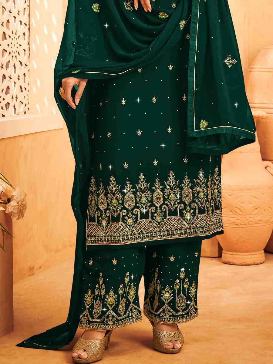 Green Heavy Faux Georgette Embroidered Festival Wedding Pant Salwar Kameez