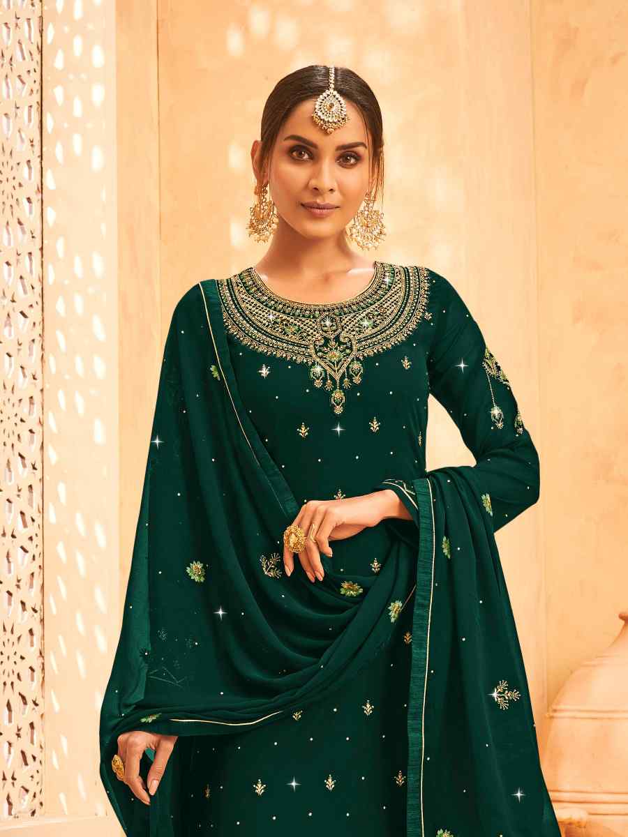 Green Heavy Faux Georgette Embroidered Festival Wedding Pant Salwar Kameez