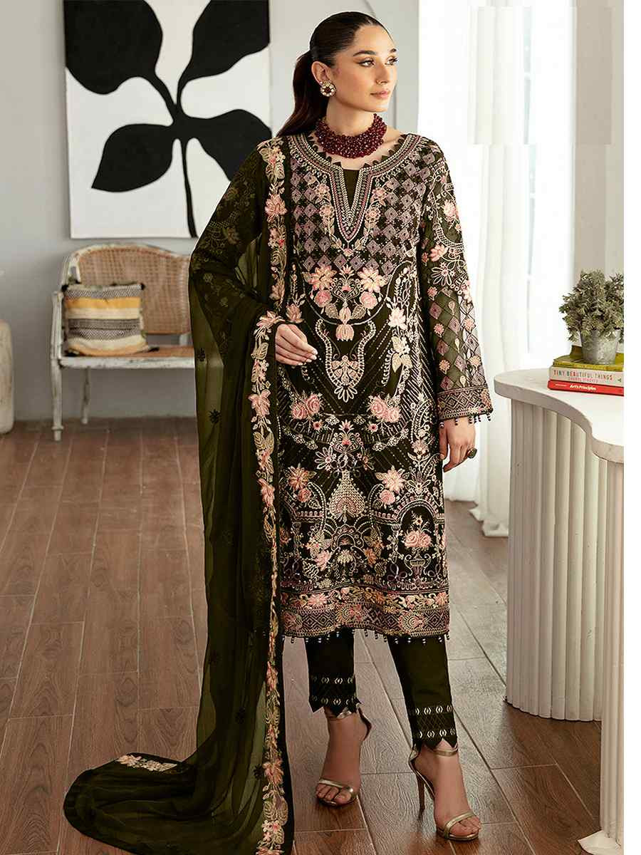 Green Heavy Faux Georgette Embroidered Festival Wedding Pant Salwar Kameez