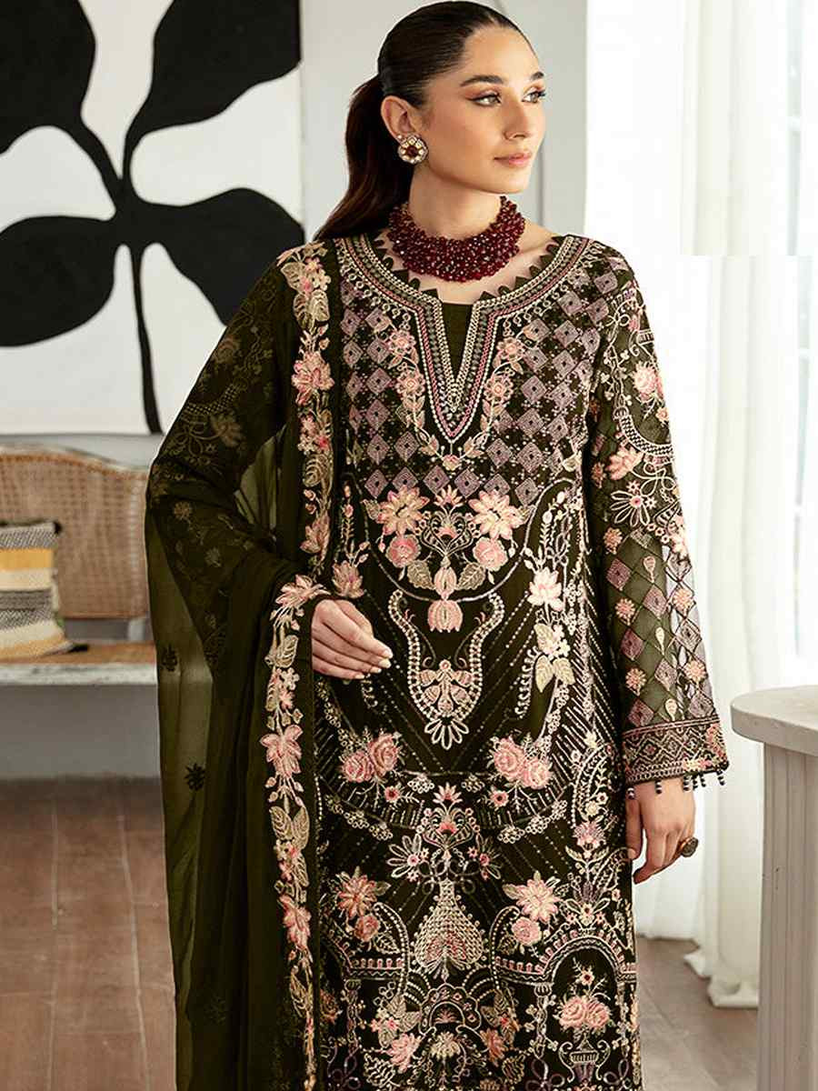 Green Heavy Faux Georgette Embroidered Festival Wedding Pant Salwar Kameez