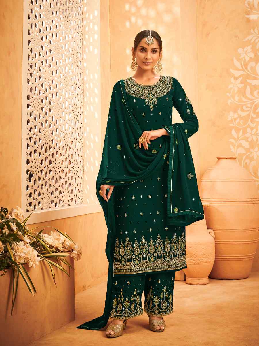 Green Heavy Faux Georgette Embroidered Festival Wedding Pant Salwar Kameez