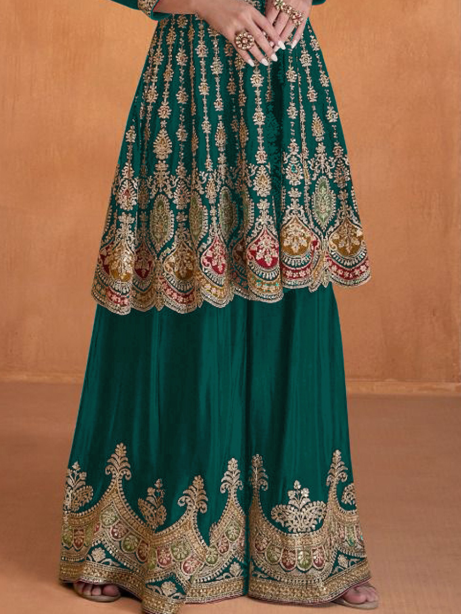 Green Heavy Faux Georgette Embroidered Festival Wedding Sharara Pant Salwar Kameez