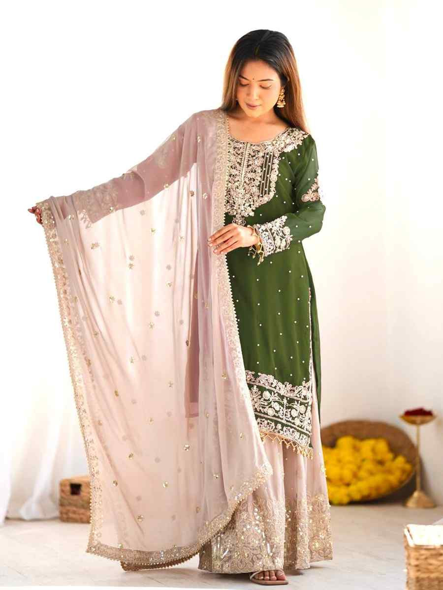 Green Heavy Faux Georgette Embroidered Mehendi Wedding Ready Sharara Pant Salwar Kameez