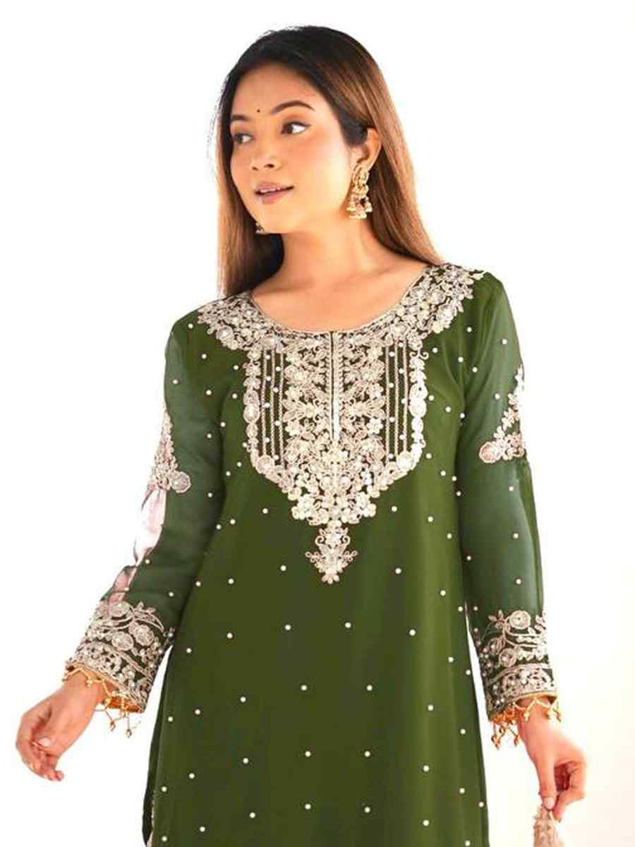 Green Heavy Faux Georgette Embroidered Mehendi Wedding Ready Sharara Pant Salwar Kameez