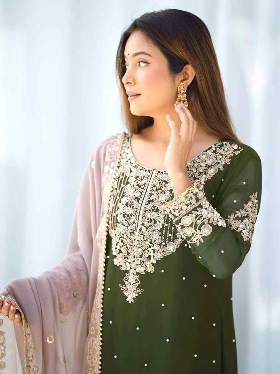 Green Heavy Faux Georgette Embroidered Mehendi Wedding Ready Sharara Pant Salwar Kameez