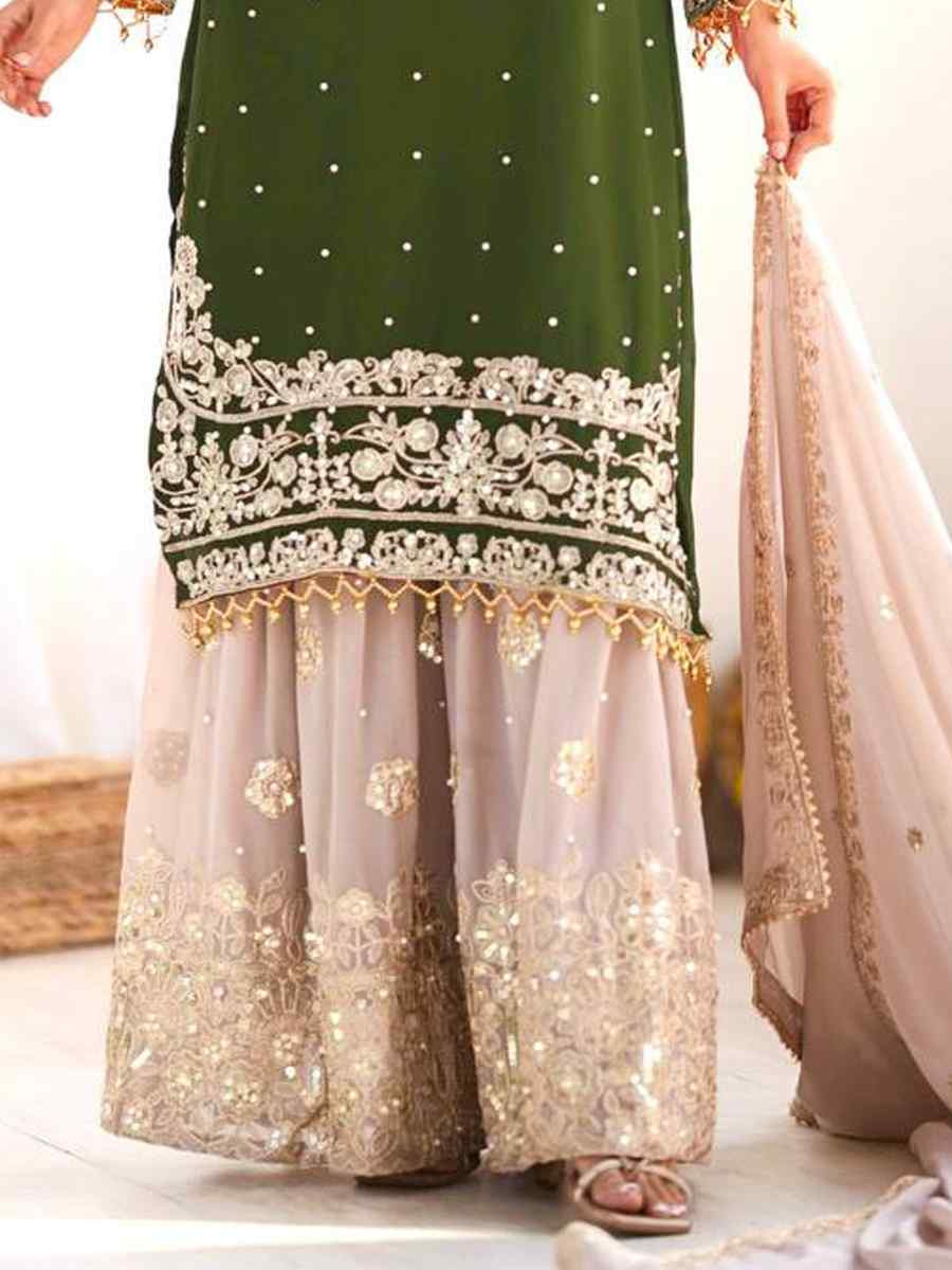 Green Heavy Faux Georgette Embroidered Mehendi Wedding Ready Sharara Pant Salwar Kameez