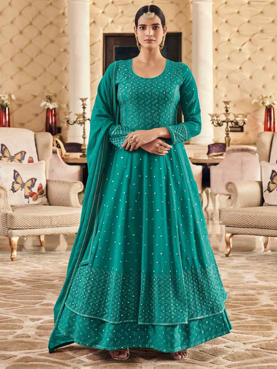 Green Heavy Faux Georgette Embroidered Party Festival Anarkali Salwar Kameez