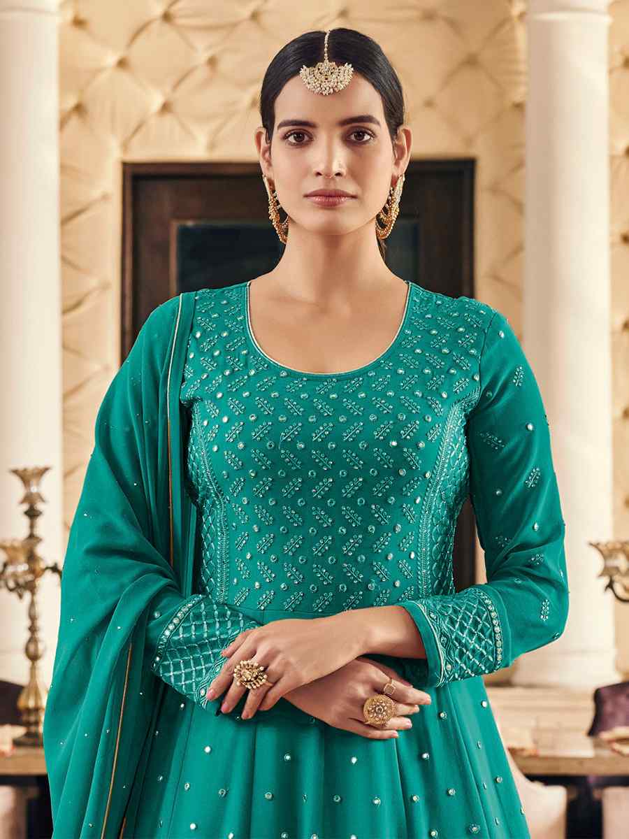 Green Heavy Faux Georgette Embroidered Party Festival Anarkali Salwar Kameez
