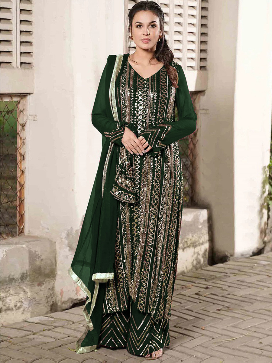 Green Heavy Faux Georgette Embroidered Party Festival Palazzo Pant Salwar Kameez