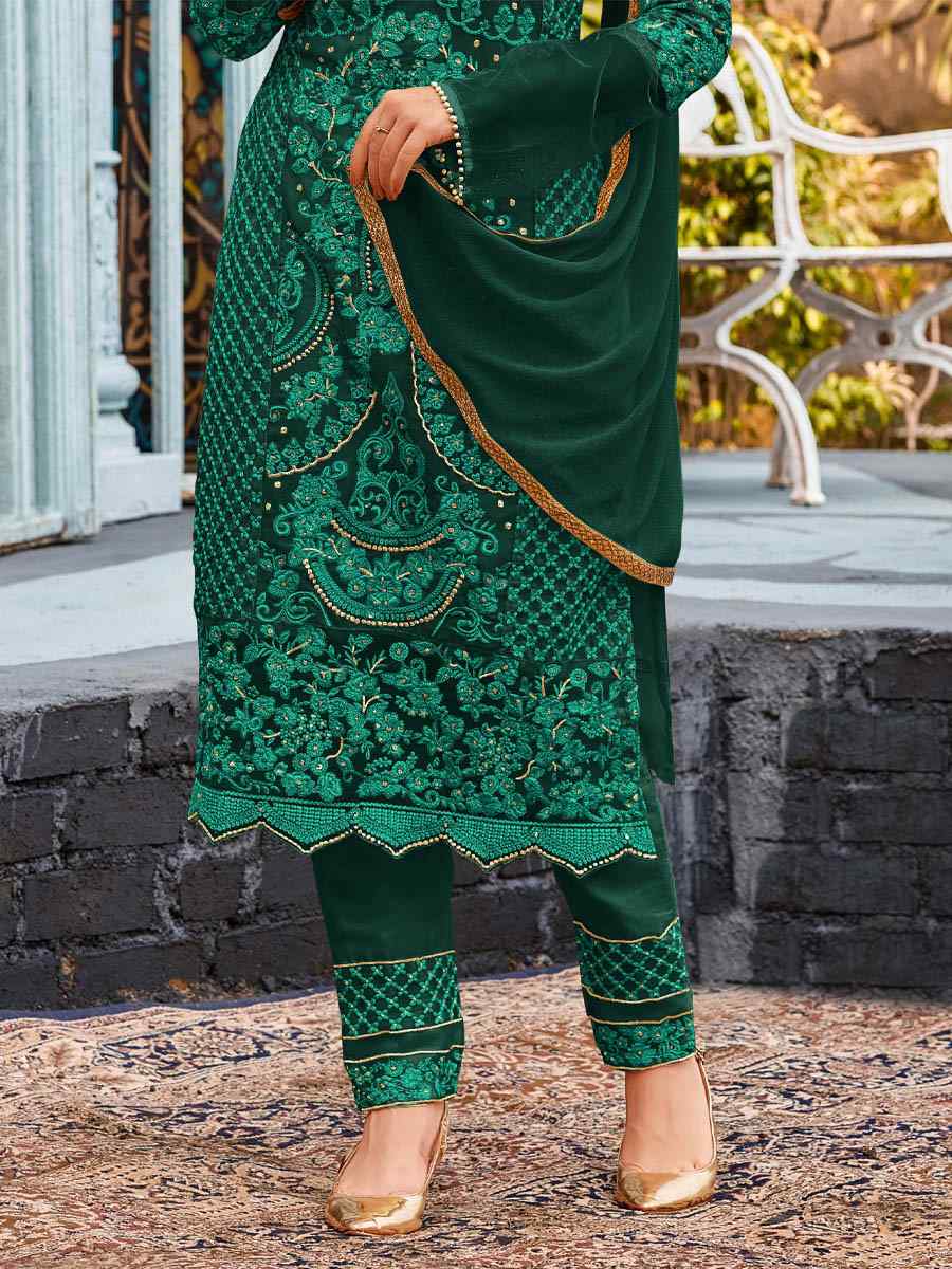Green Heavy Faux Georgette Embroidered Party Pant Salwar Kameez