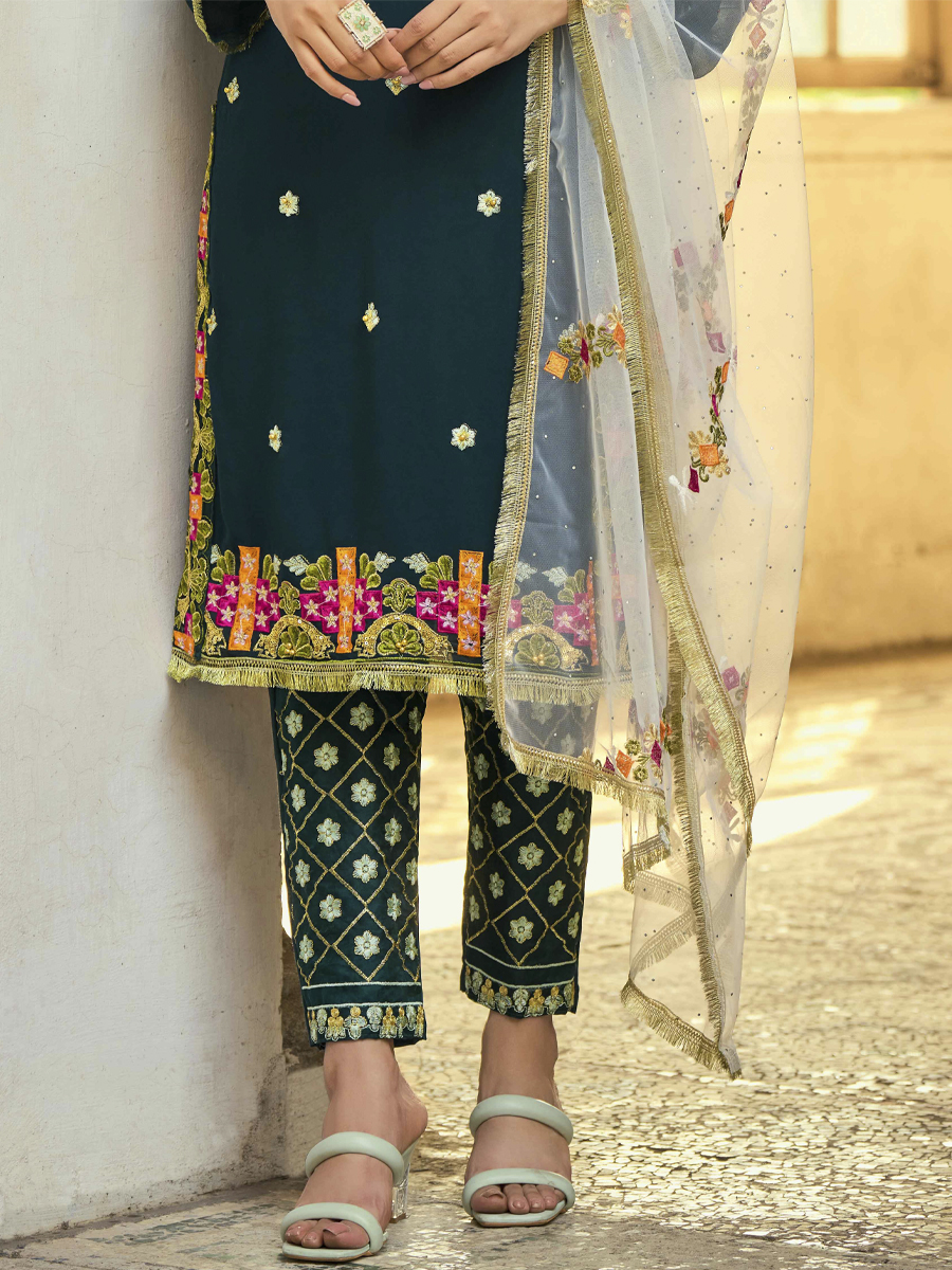 Green Heavy Faux Georgette Embroidered Party Pant Salwar Kameez