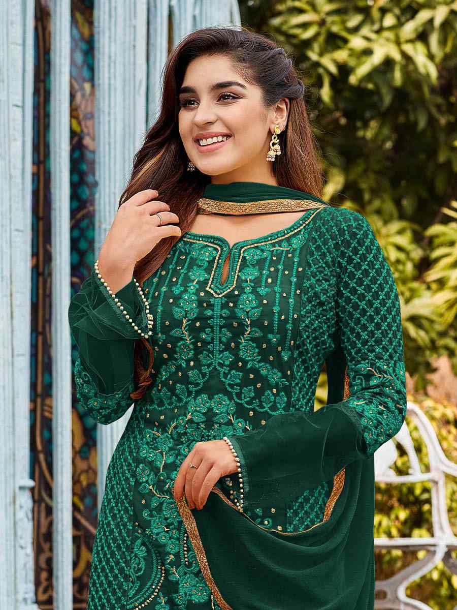 Green Heavy Faux Georgette Embroidered Party Pant Salwar Kameez