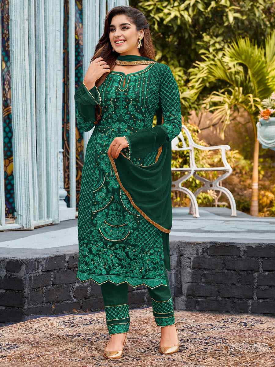 Green Heavy Faux Georgette Embroidered Party Pant Salwar Kameez