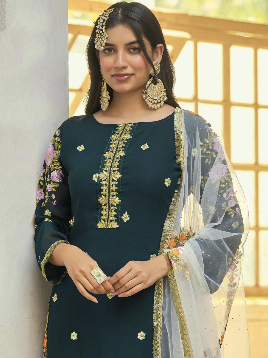 Green Heavy Faux Georgette Embroidered Party Pant Salwar Kameez