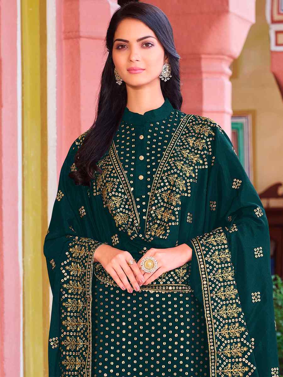Green Heavy Faux Georgette Embroidered Wedding Festival Pant Salwar Kameez