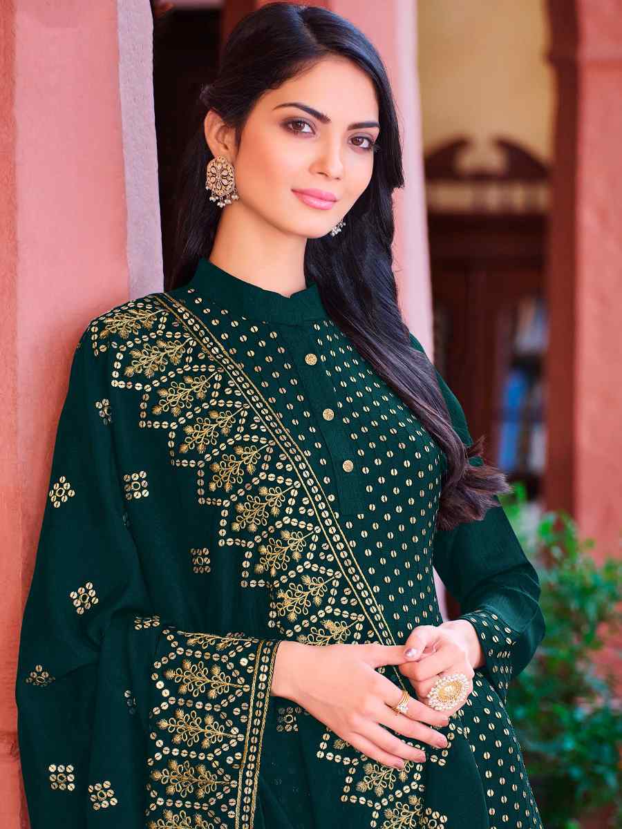 Green Heavy Faux Georgette Embroidered Wedding Festival Pant Salwar Kameez