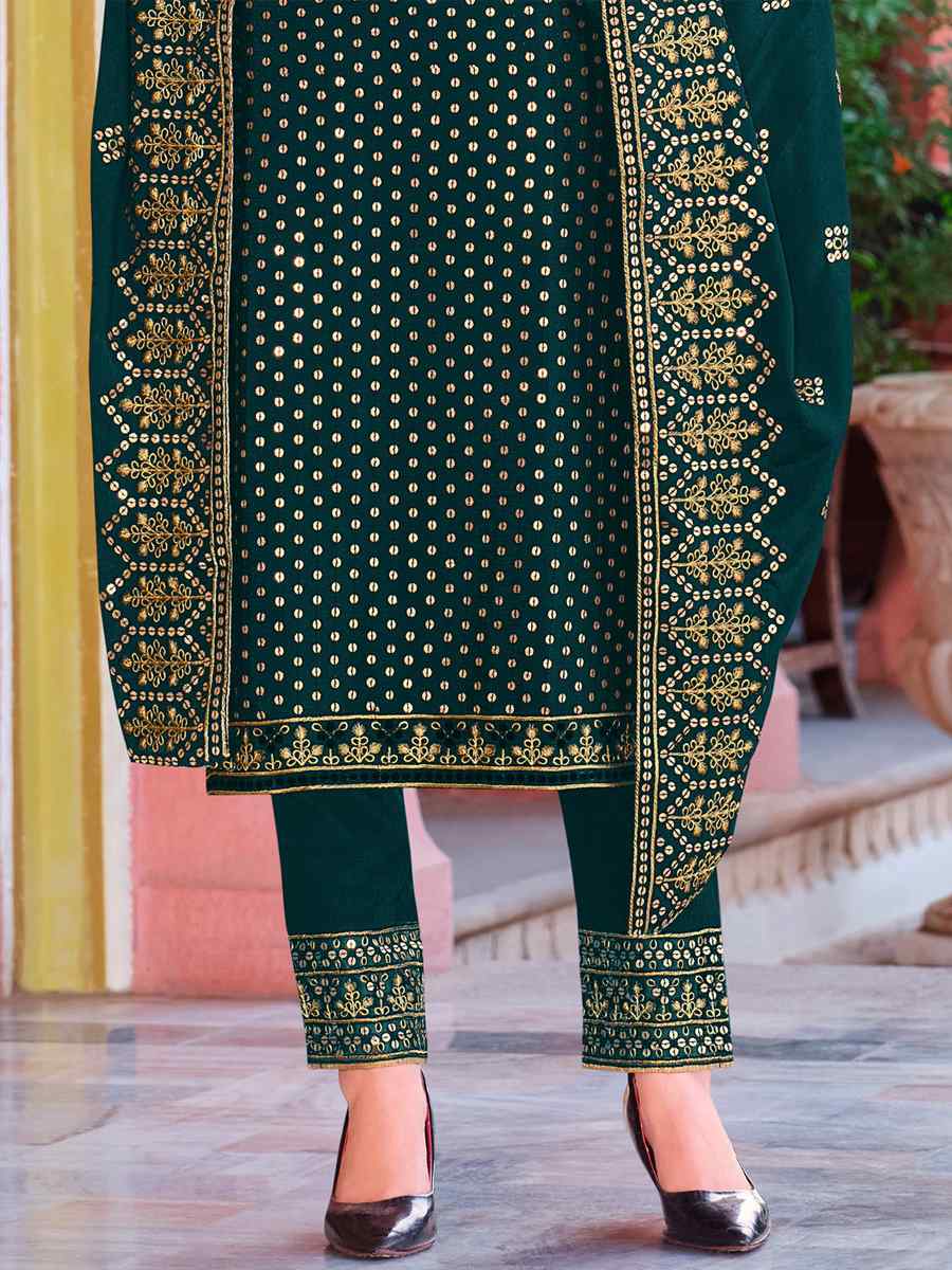 Green Heavy Faux Georgette Embroidered Wedding Festival Pant Salwar Kameez