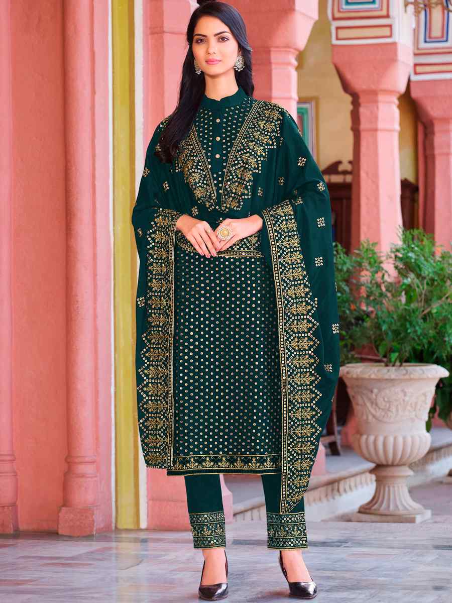 Green Heavy Faux Georgette Embroidered Wedding Festival Pant Salwar Kameez