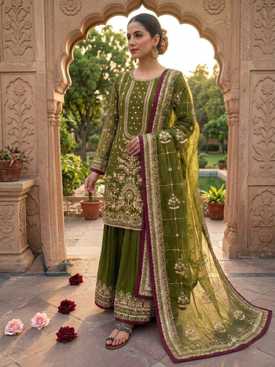 Green Heavy Faux Georgette Embroidery Wedding Party Festival Casual Ready Sharara Pant Salwar Kameez