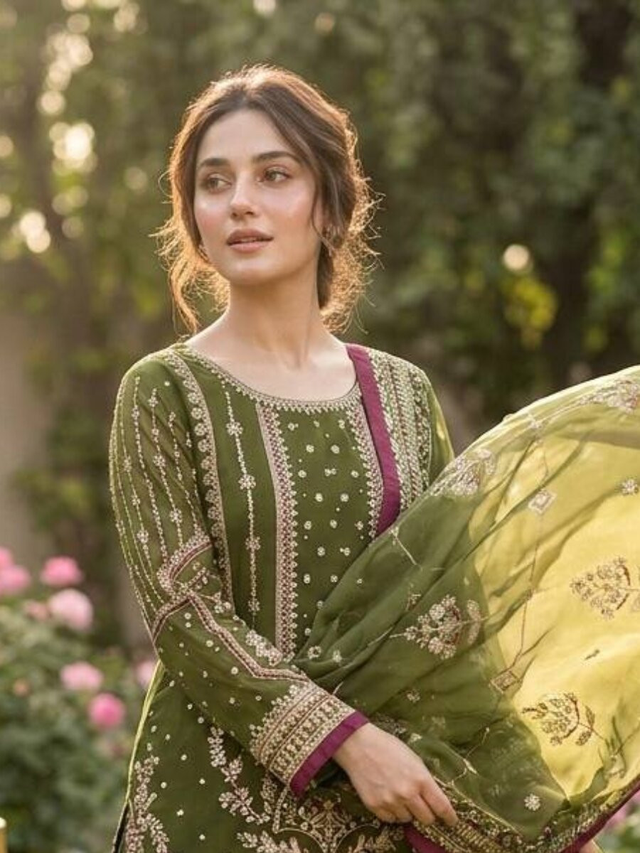 Green Heavy Faux Georgette Embroidery Wedding Party Festival Casual Ready Sharara Pant Salwar Kameez