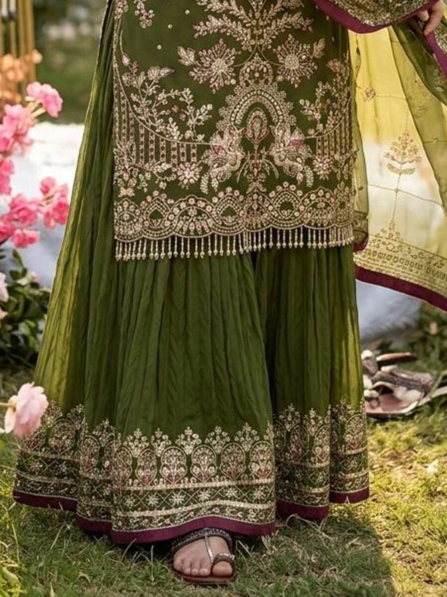 Green Heavy Faux Georgette Embroidery Wedding Party Festival Casual Ready Sharara Pant Salwar Kameez