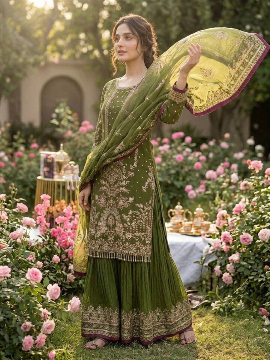 Green Heavy Faux Georgette Embroidery Wedding Party Festival Casual Ready Sharara Pant Salwar Kameez